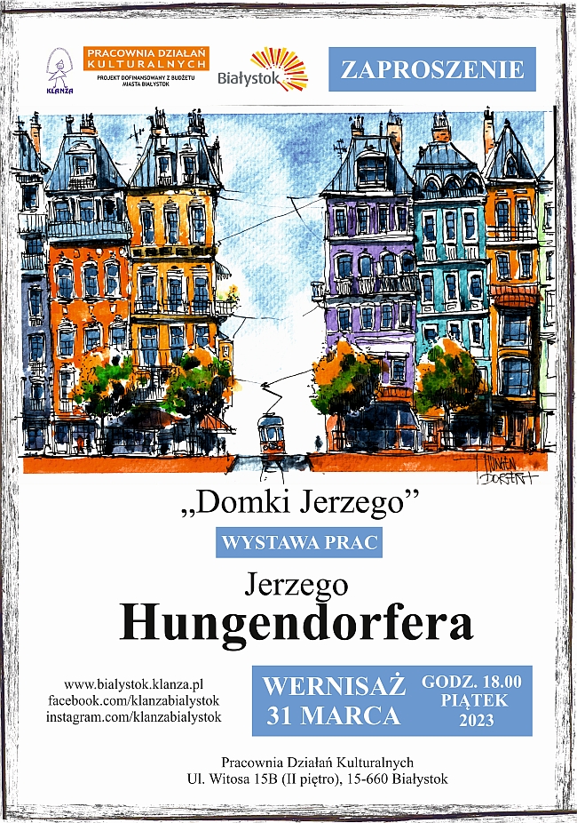 Zaproszenie na wernisaż wystawy Jerzego Hungendorfera pod tytułem ,,Domki Jerzego”
