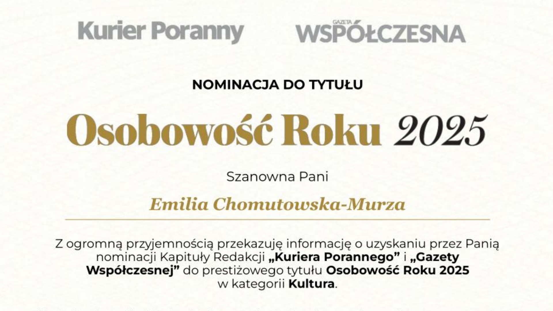 Animatorka KLANZY, Emilia Chomutowska-Murza, nominowana do tytułu Osobowość Roku 2025