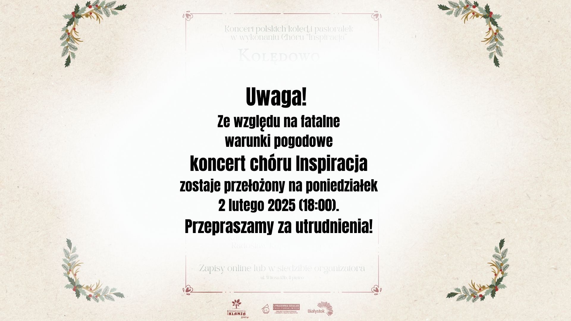 Zmiana daty koncertu „Kolędowo z Inspiracją”